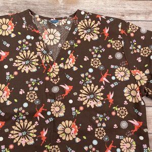 Disney Tinkerbell Small Scrub Top Brown Floral